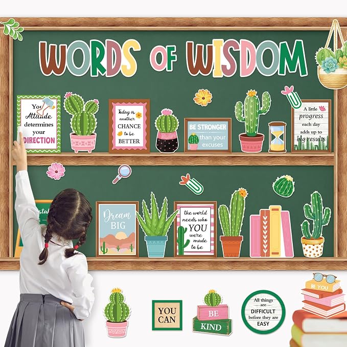 Mooliwe 57 Pcs Cactus Bulletin Board Set Inspirational Classroom Cutouts | Positive Sayings for Teacher Office Wall, Motivational Quotes Cacti Theme, Summer Classroom Display Decor Supplies