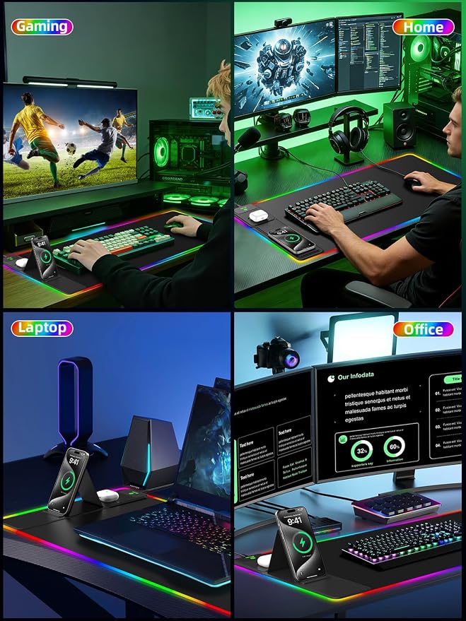 Mouse Pad with Wireless Charger Foldable Phone Holder, XXL RGB Gaming Mousepad 31.5"x15.8" Large Desk Mat for Keyboard, Black Desk Pad with Dual Qi Charging Station, 11 Colors 5 Modes