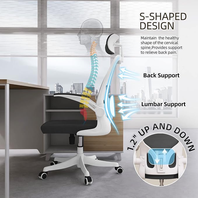 Monhey Office Chair, Ergonomic Office Chair with Lumbar Support & 3D Headrest & Flip Up Arms Home Office Desk Chairs Rockable Computer Chair Multi-Angle from 90° to 130° with 350LBS CapacityChair