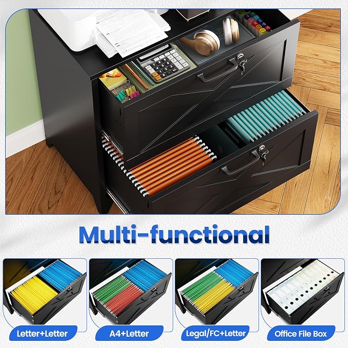 MIIIKO 2 Drawer File Cabinet with Lock,Metal Lateral Filing Storage Cabinets for Home Office,Files Folders Letter/Legal/A4 Size(Black)