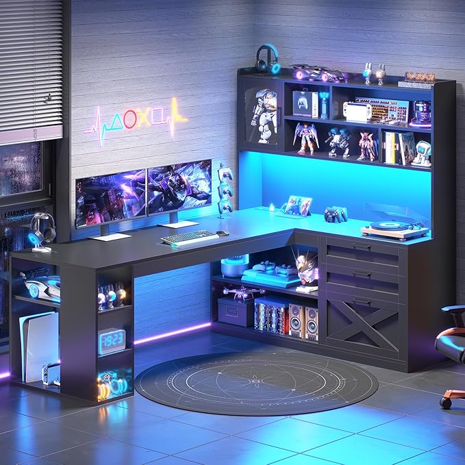 SEDETA 61" Farmhouse L Shaped Gaming Desk with Drawers, Bookshelf Storage | Computer Desk with Storage Shelves and Power Outlet, Corner Gaming Desk with LED Light and Display Cabinet for Home Office