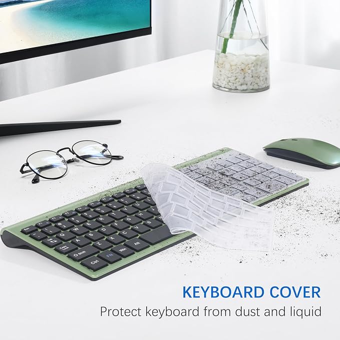 Wireless Keyboard and Mouse Ultra Slim Combo, TopMate - Green Black | 2.4G Silent Compact 2400DPI Mouse and Scissor Switch Keyboard Set with Cover, Batteries Included, for PC/Laptop/Windows/Mac