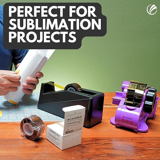 echomerx Original Heat Tape Dispenser + 2 Sublimation Tapes – Pre-Cut for Cricut, Heat Press, Craft, Thermal, Tumbler, HTV, Gift Wrap – Heat Resistant & Transfer Tapes, 1” & 3” Core, Purple Kit