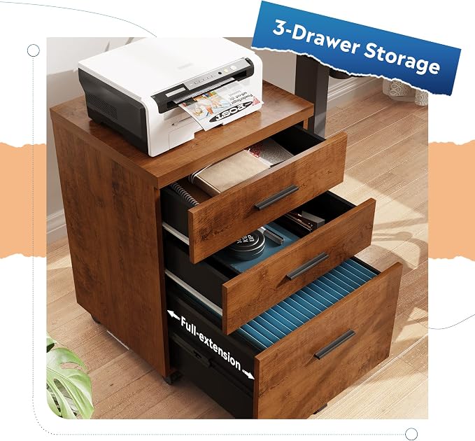 DEVAISE 3 Drawer File Cabinet, Wood Under Desk Filing Cabinet, Walnut | Rolling Printer Stand, Small Storage Cabinet with Wheels, Fits Legal/Letter/A4 Size, Home Office