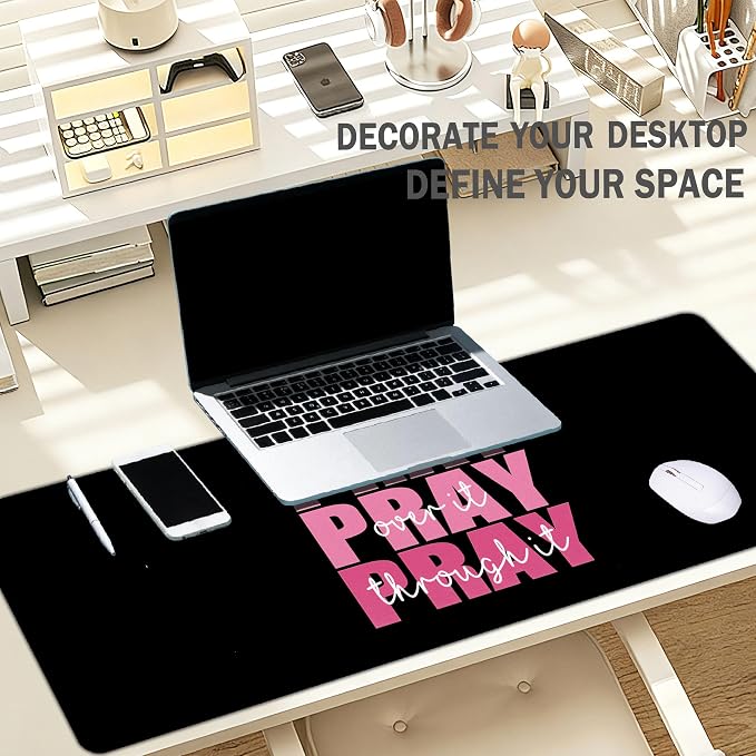 Christian Mouse Pad Black and Pink Desk Mat, Pray Over it Religious Large Computer Mouse Pad for Desk, Jesus Long Aesthetic Desktop Mats for Desk Office, Christian Church Gifts 31.5x11.8