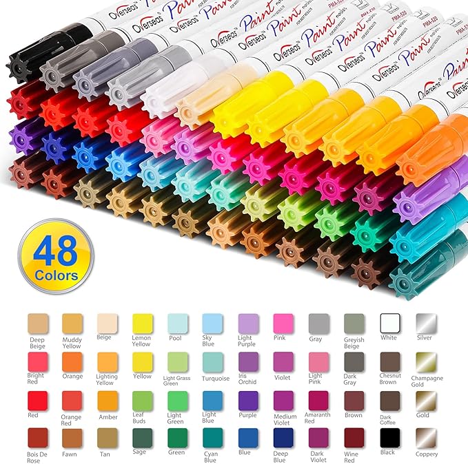 Overseas Paint Marker Pens - 48 Colors Permanent Oil Based Markers, Medium Tip, Quick Dry and Waterproof Assorted Color Paint Pen for Metal, Wood, Plastic, Rock, Stone, Canvas, Glass, Ceramics