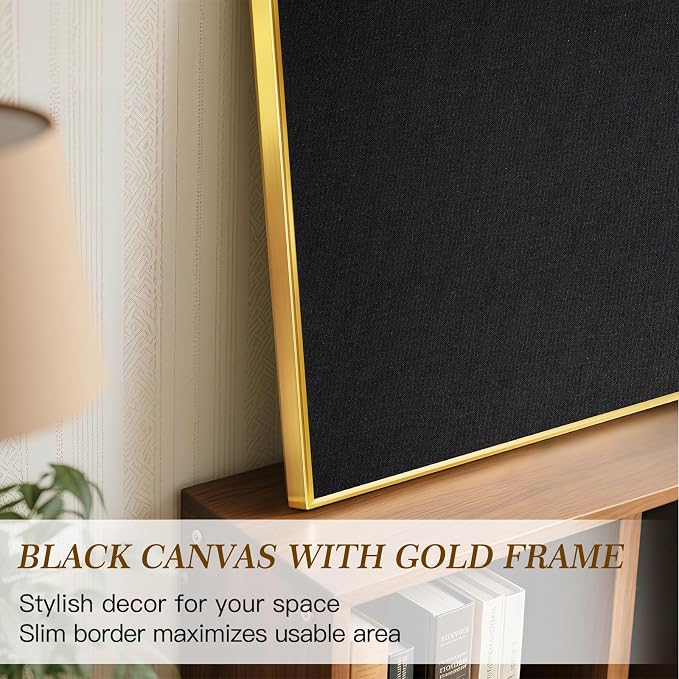 Linen Bulletin Board, 30"x20" Decorative Fabric Pin Board Vision Board | Gold Aluminum Frame, Upgraded Black Canvas Surface, Wall Mounted, for Home Office Bedroom Dorm Wall Decor