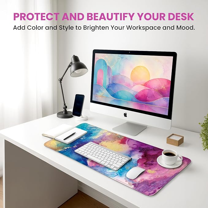 Aesthetic Desk Mat, Cute Color Splash Desk Pad Protector for Work & Decor, 31.5" x 11.8", Pretty Non-Slip Extended Mouse Pad for Office or Home