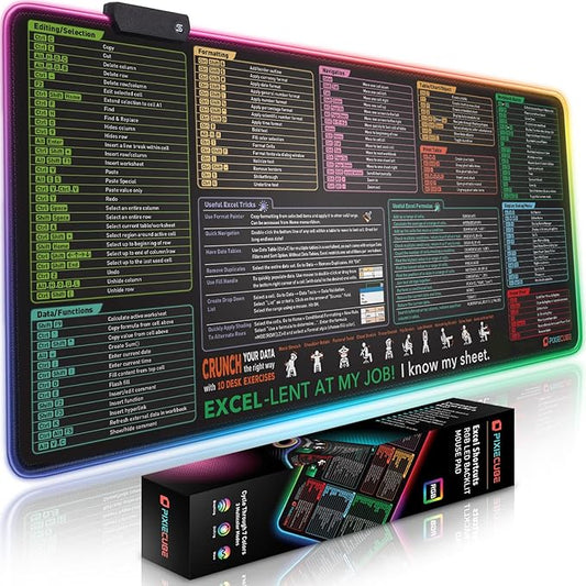 Excel Shortcut Keys LED Mouse Pad - Colorful RGB Luminous Extended Large Cheat Sheet Gaming Mousepad| PC Office Spreadsheet Keyboard Mat| Non-Slip Stitched Edge
