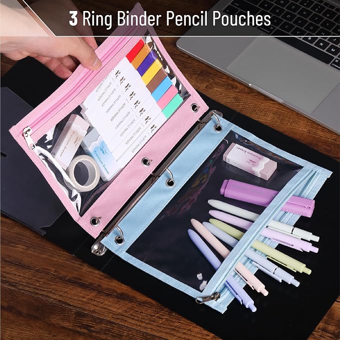 Mr. Pen- Pencil Pouch for 3 Ring Binder, 5 Pack, 10"x7", Smooth Zipper | Clear Window, Large Capacity Pencil Case with 3 Reinforced Grommets for School, Office, Supplies Storage | Clear Window, Large Capacity Pencil Case with 3 Reinforced Grommets for ...