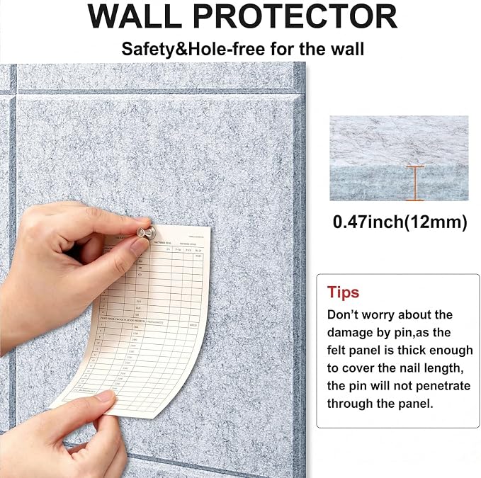 Felt Wall Tiles Bulletin Board Large Cork Board Alternative 12 Pack 11.81”x11.81”x0.47” Felt Pin Board Tack Board with Safe Removable Adhesive Tabs for Home Office School 48x36(Silver Grey)