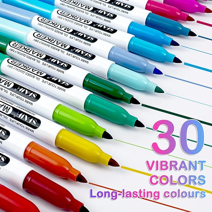 SFAIH 30 Colors Permanent Markers - Assorted Vibrant Colors, Quick Drying, Fade Resistant, Alcohol-Based Fine Point Permanent Markers for Paper, Plastic, Wood, Coloring, Drawing Doodling, Waterproof