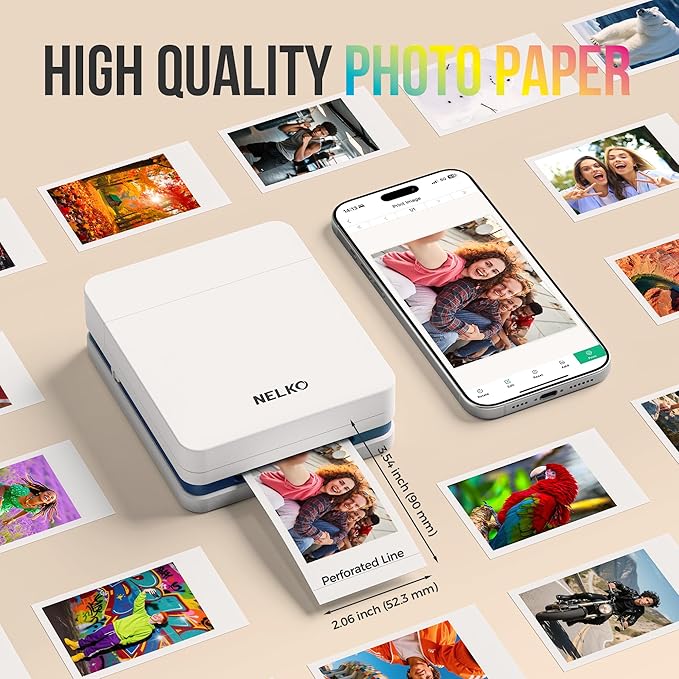 Nelko 52.3x90mm (2.06"x3.54") Premium Photo Paper, 50-Pack Genuine PP01 Pocket Printer Paper, Sticky Back Picture Paper, Compatible with Nelko PP01 Photo Printer, Easy to Peel Off, White