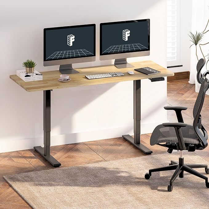 FlexiSpot E6 Solid Wood 3-Stage Dual Motor 55 x 24 Electric Standing Desk, Holds 220 lbs, Adjustable Height w/ Memory Presets, Butcher Block Rubberwood Desktop & Black Frame, Ships in 2 Boxes
