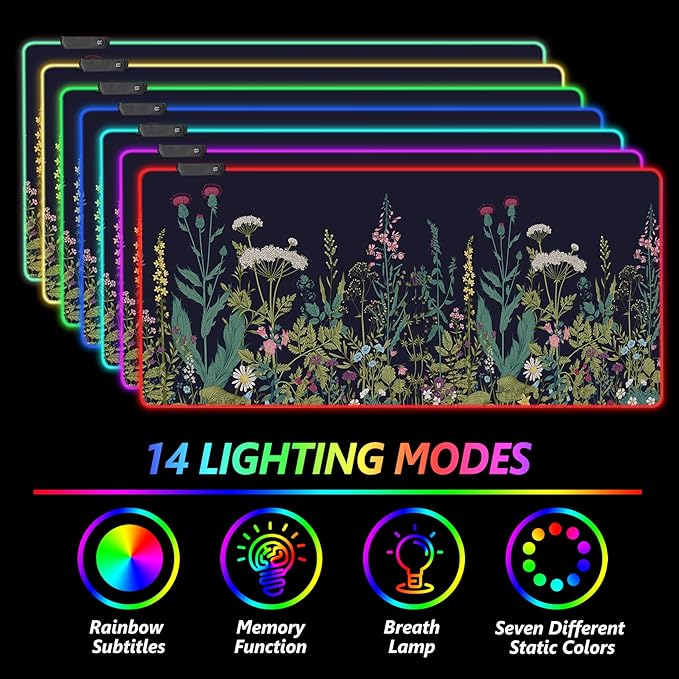 RGB Gaming Mouse Pad Large, AIMSA Keyboard Led Mousepad Extended 35.4 x 15.8 inch Non-Slip Rubber Base with 14 Lighting Modes, Big Desk Mat Waterproof, Flowers Plants
