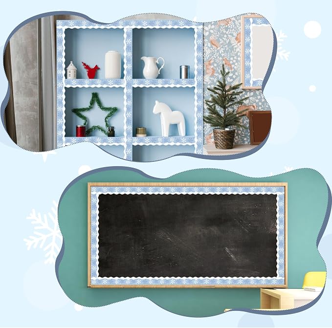 BeYumi Winter Snowflake Border Trim - 65ft Winter Christmas Sage Blue White Snowflake Scalloped Rolled Border Trim Bulletin Board Borders School Classroom Door Home Office Chalkboard Party Decoration