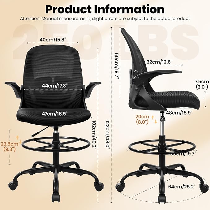 Drafting Chair Tall Office Chair with Flip-up Armrests Executive Ergonomic Computer Standing Desk Chair with Lumbar Support and Adjustable Footrest Ring (Black) (Pack of 2)