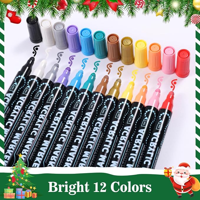 nauets 12 Colors Precision Dual Tip Acrylic Paint Markers Pens - Dot & Fine | Works on Rock, Wood, Fabric, Canvas, Glass, Scrapbook, Paper, Ceramic, Egg, DIY Craft Art Gift - Classroom & School Supplies