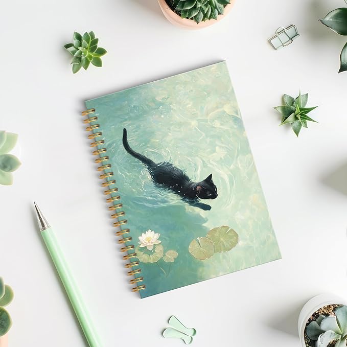 ROXMART Whimsical Funny Black Cat Spiral Notebook Journal, Cat Lover Mom Lady Owner Gifts, Cute Black Kitty Kitten in Water Lily Pond Hardcover Notebook Journal, 5.5x8.3 Inch