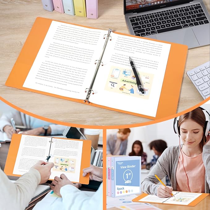 3 Ring Binder - 6 Pack, 1 Inch Binder with 2 Interior Pockets & Clear View Overlay, Large Capacity, Round Ring Binders for Office Supplies, School & Home (6 Colors)