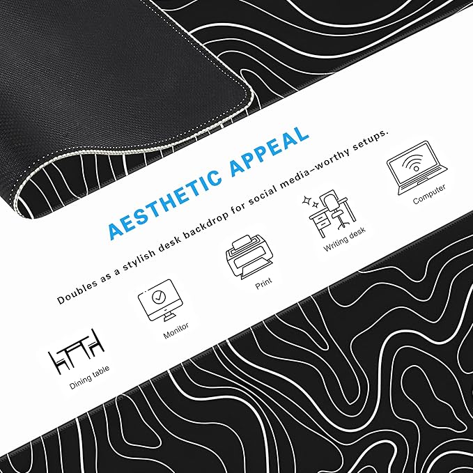 Minimalist Topographic Map Mouse Pad - Contour Extended Large Stitch Edge Mousepad. Black & White Non-Slip Gaming Desk Mat 31.5x11.8inch
