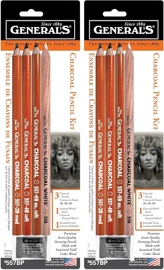 GENERAL'S Charcoal Drawing Set, White/Black, Set of 4 Pencils and 1 Eraser - 321742 (Pack of 2)