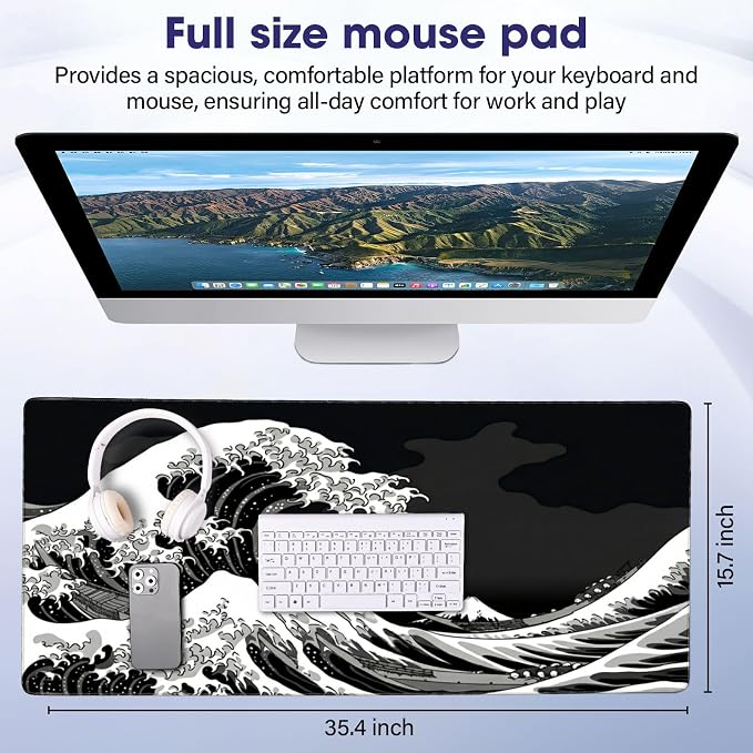 Large Extended Mouse Pad with Stitched Edges 35.4"x15.7" - Waterproof Desk Mat, Non-Slip Rubber Base for All-Desk Coverage, Perfect for Gaming Office Home, White Wave