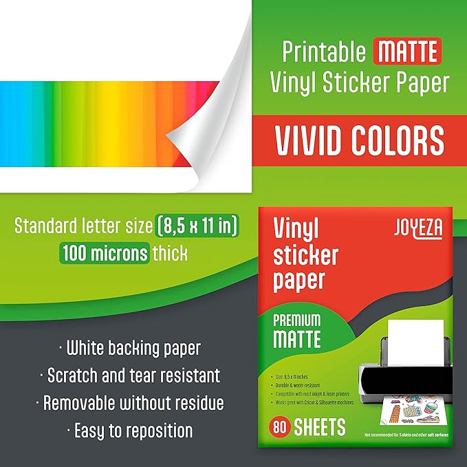 JOYEZA Premium Printable Vinyl Sticker Paper for Inkjet Printer - 80 Sheets Matte White Waterproof, Dries Quickly Vivid Colors, Holds Ink Well- Tear Resistant - Inkjet & Laser Printer
