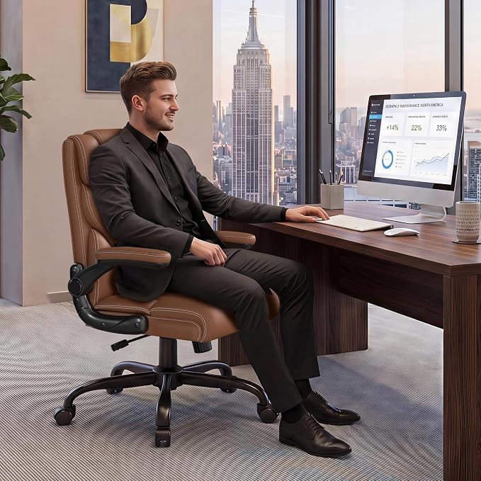 Office Chair, Executive Mid-Back Computer Desk Chair with Flip-up Armrests | 300 Lbs Ergonomic Leather Swivel PC Chair with Rock Function for Working Studying (Brown)