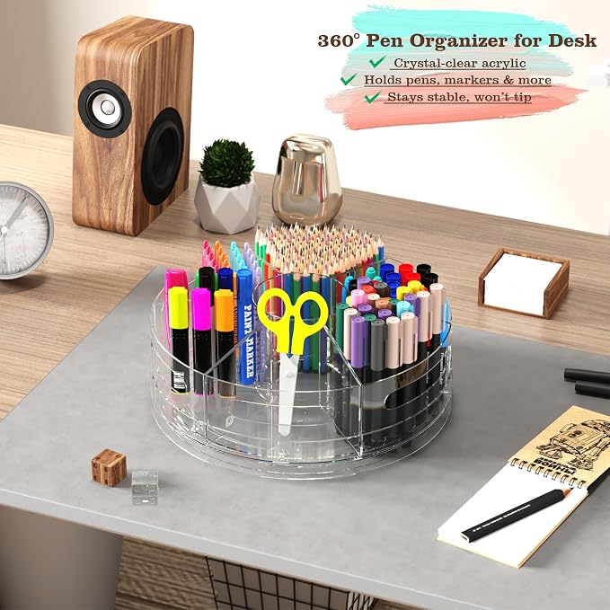 CraftGenes 2 Packs Pen Organizer for Desk - Acrylic Pen Holder with Hand Grips, 360° Extra Large Rotating Desk Organizer with 7 Removable Compartments for Office, Home, and Makeup Storage