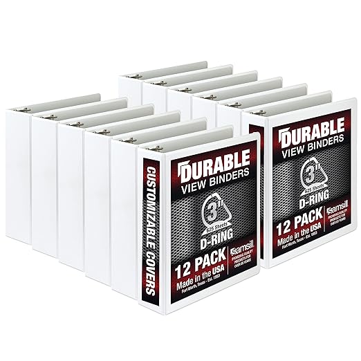 Samsill Durable 3 inch 3 Ring Binder, D Ring Binder, 100% Recycled Chipboard, White, 12 Pack