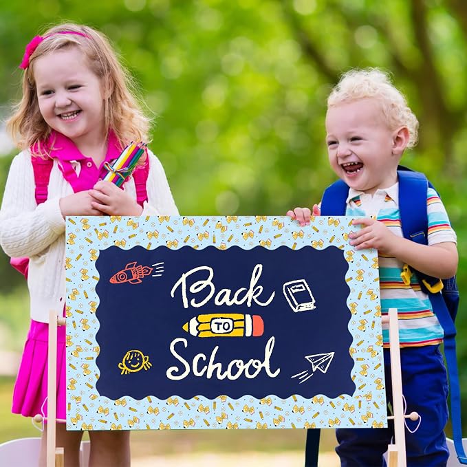 BeYumi Pencil Bow Border Trim - 65ft Back to School Blue Pencil Bow Scalloped Rolled Border Trim Pencils Bowknot Coquette Bulletin Board Set School Classroom Office Chalkboard Party Holiday Wall Decor