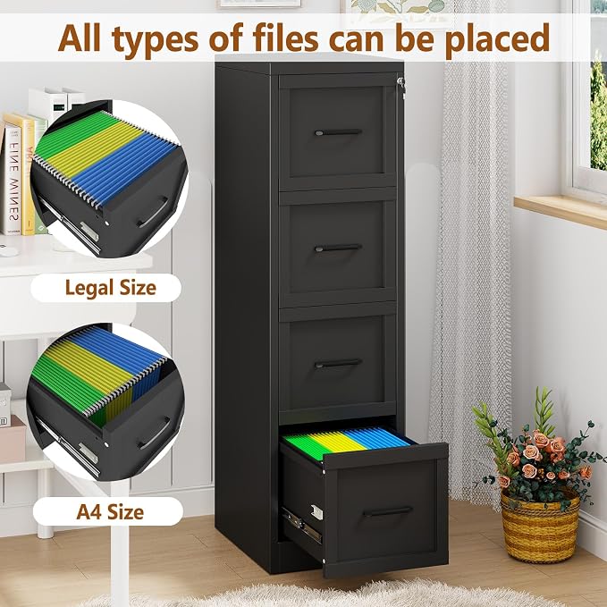 4 Drawer Metal File Cabinet with Lock,Narrow Vertical Filing Storage Cabinets,Steel File Organization for Legal/Letter/A4/F4 Size with Hanging Files,Lockable File Folders for Home Office, Black