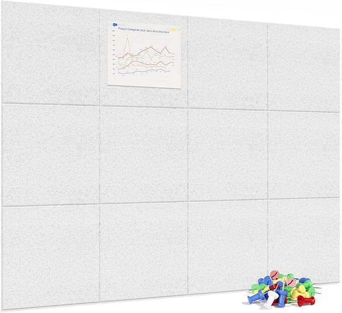 Large Cork Board for Wall, 48" x 36" Bulletin Board with Pushpins, 12 Panels Felt Tiles Tack Push Pin Board for Office, Silver Gray