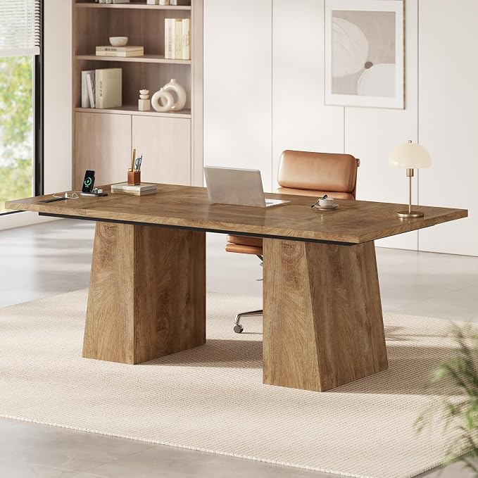 63 in Executive Desk with Power Outlets, Modern Home Office Desk with Storage Cabinet, Wood Computer Desk Business Workstation Desk Conference Table (Oak)