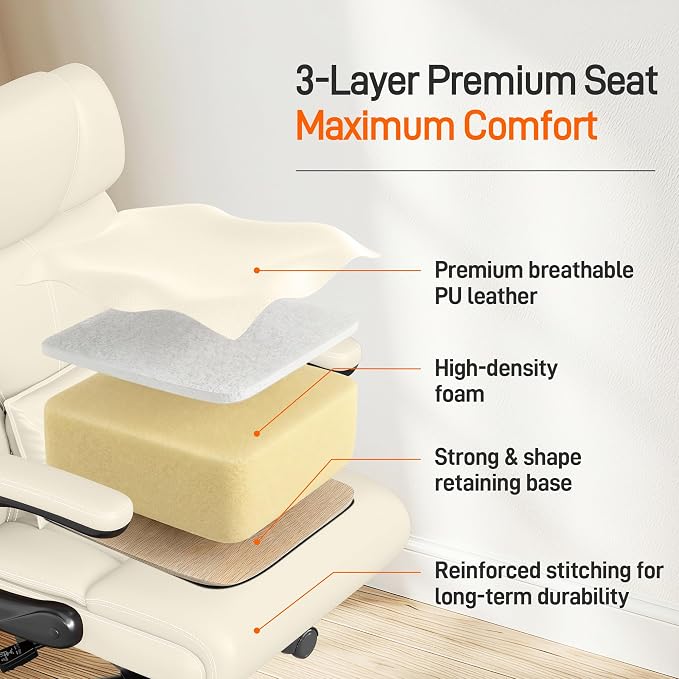 Office Chair, Executive Mid-Back Computer Desk Chair with Flip-up Armrests | 300 Lbs Ergonomic Leather Swivel PC Chair with Rock Function for Working Studying (Creamy White)