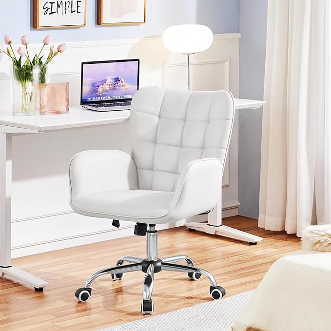 Yaheetech Modern Faux Leather Office Chair Ergonomic Adjustable Makeup Chair with Padded Armrests Big Seat for Office, Bedroom, Living Room, White