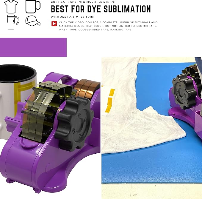 echomerx Original Heat Tape Dispenser + 2 Sublimation Tapes – Pre-Cut for Cricut, Heat Press, Craft, Thermal, Tumbler, HTV, Gift Wrap – Heat Resistant & Transfer Tapes, 1” & 3” Core, Purple Kit