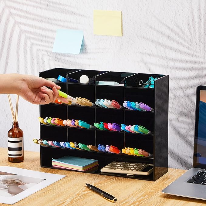 MotiMind Acrylic Pen Organizer Storage for 200 Markers Vertical Marker Organizer Acrylic Pen Display Holder for Office Desk Desktop Stationery Pencil Storage, Black, 13 x 4 x 10.2 Inch