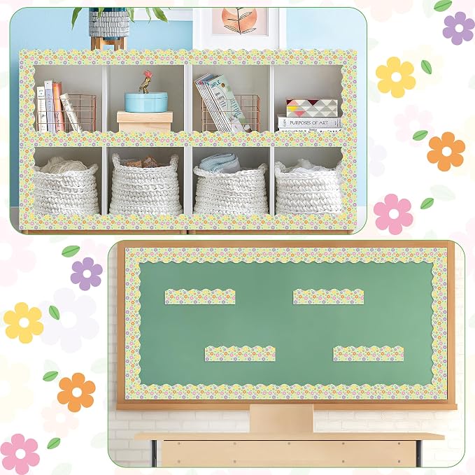 BeYumi Spring Floral Border Trim - 65ft Spring Floral Scalloped Rolled Border Trim Daisy Flower Green Bulletin Board Set Back to School Classroom Office Chalkboard Decor Springtime Party Decoration