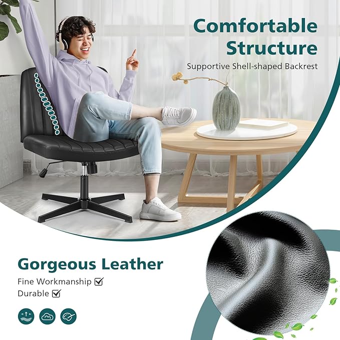 OLIXIS Criss Cross Chair, Vanity Chair, Home Office Desk | Armless No Wheels Wide Seat, Height Adjustable Swivel, Padded PU Leather, Bedroom Student Study, Black Dual Base
