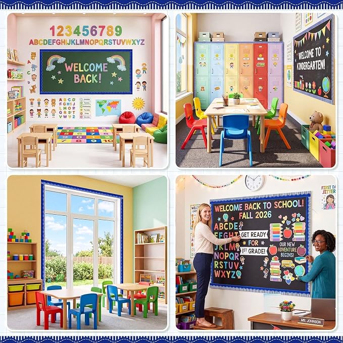 2 Rolls 65.6ft Navy Blue Striped Bulletin Board Borders Decoration Scalloped and Straight Edge Blue Bulletin Borders Board Trim for Office School Classroom Chalkboard Party Decoration