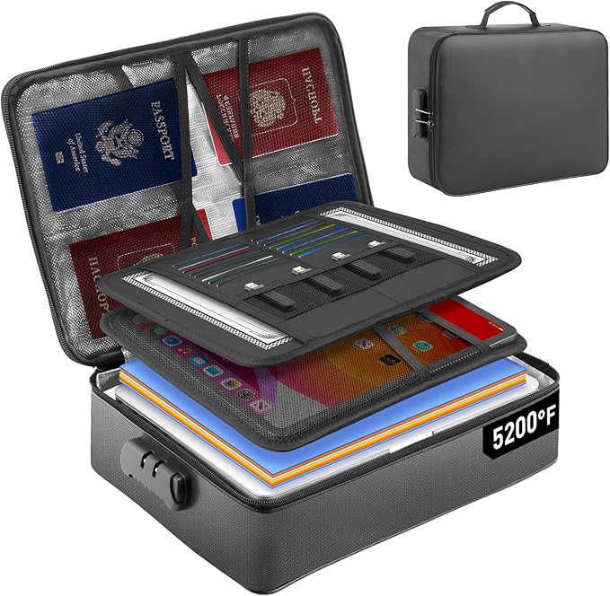 5200°F Fireproof Document Bag with Lock - Mondoshop Heat-Insulated Fireproof Document Box, Important Document Organizer, Portable Travel Fireproof Safe for Home Document, Passport, Laptop, Cards(Soft)
