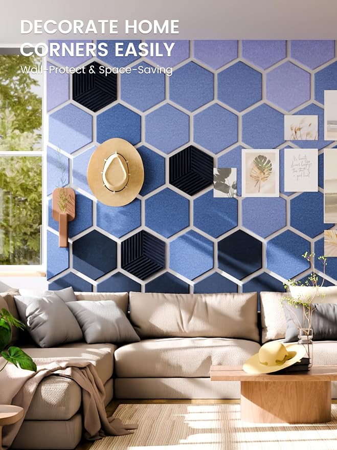 Fluxynara 10-Pack Hexagon Cork Board Alternative, Denim Mist | Felt Bulletin Board with 50 Adhesive Tabs, Ideal for Vision Boards and Wall Decor in Homes, Offices, Classrooms, and Dorms