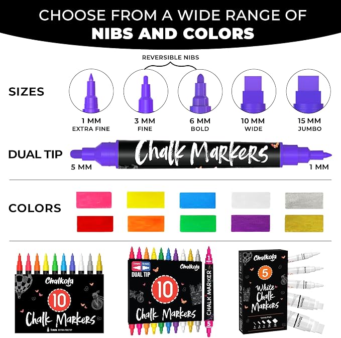 10 Extra Fine Tip Liquid Chalk Markers - 1mm, Chalk Pens with Gold & Silver | Erasable Dry Erase Marker Pens for Blackboard, Windows, Chalkboard Markers, Bistro, Restaurants - Thin Point Chalk Pens Set
