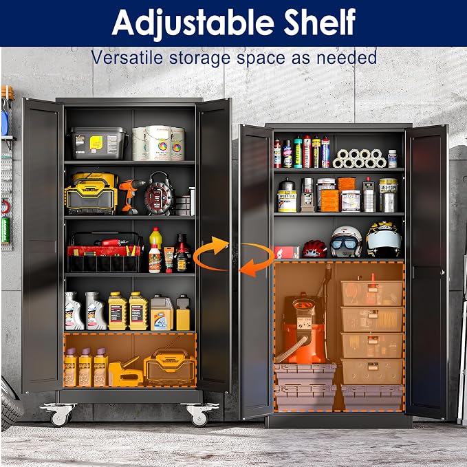 erosoei 71" H Metal Garage Storage Cabinet, Rolling Tool Cabinet with 2 Doors and Wheels, Locker Steel Cabinet with 4 Adjustable Shelves, Organization Cabinet for Garage,Office,Home,Gym,School