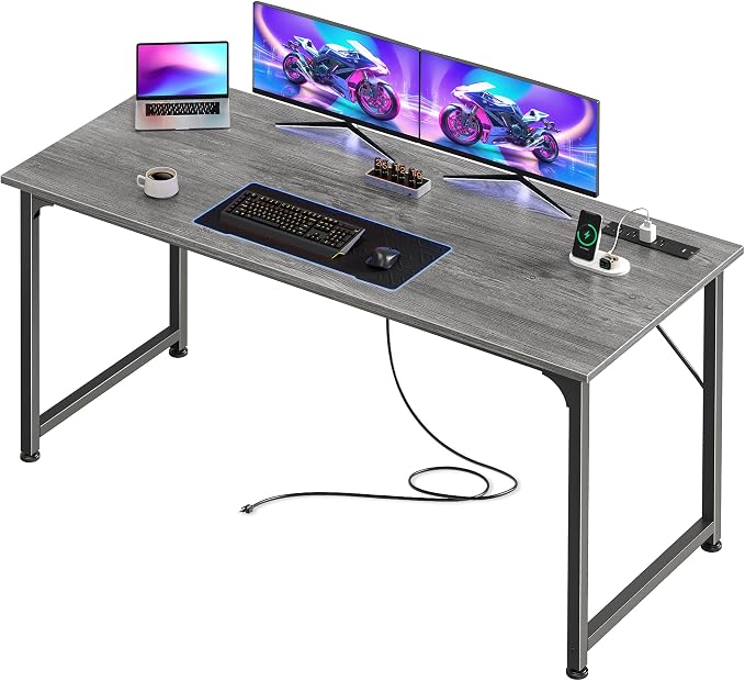55 X 20 Inch Computer Desk, Power Outlets, USB-C, Grey | Office Desk with 4 AC Outlets, USB & USB-C, Sturdy Metal Frame, Spacious Desktop for Work, Writing, Study & Gaming