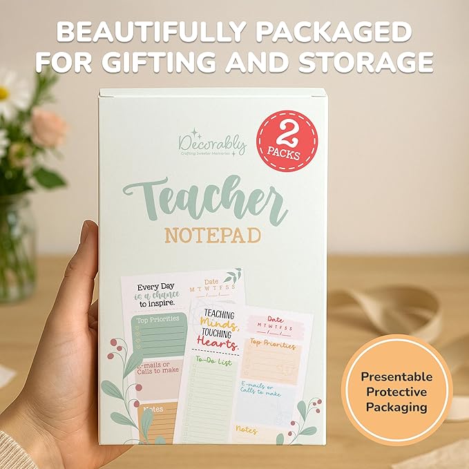 Decorably 2-Pack 50 Sheets Minimalist Undated Teacher To Do List Notepad, 5.5x8.5in Spring-Bound, Easy Tear-Off Design, with Top Priorities, Daily Focus, Contacts, Notes - Home, School
