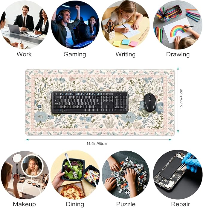 Aesthetic Pink Floral Desk Pad, XXL Large Mouse Pad for Desk with Anti-Slip & Stitched Edges, Keyboard Mat for Computer, Cute Office Supplies and Desk Accessories for Women, Home, Office
