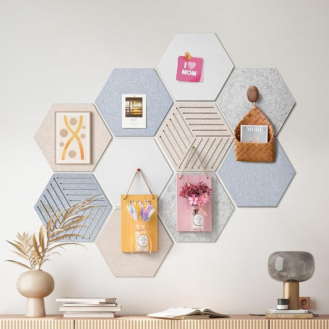 Felt Bulletin Cork Board for Office, 12 x 10 inch, 10 Pack | Hexagon Bulletin Board Tiles, 1300g/m² Dense Felt, Fully Self Adhesive, Peel and Stick, Frameless, Modern, Office Home Decor